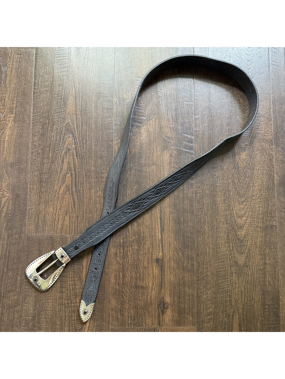 Vintage 90s Tony Lama Black Leather Tooled Western Silver Buckle Belt XL